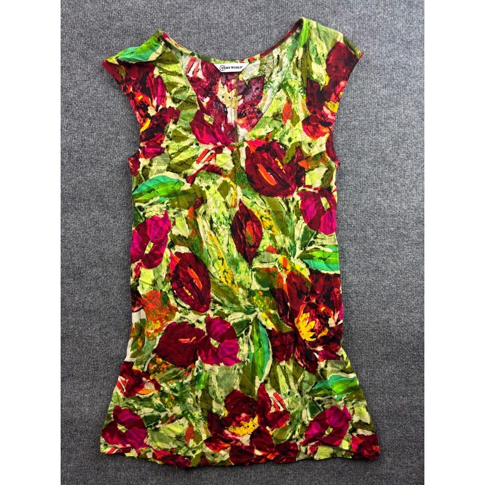 Jams World Anthurium Top Womens XS Green Red Floral Rayon V-Neck Made in USA